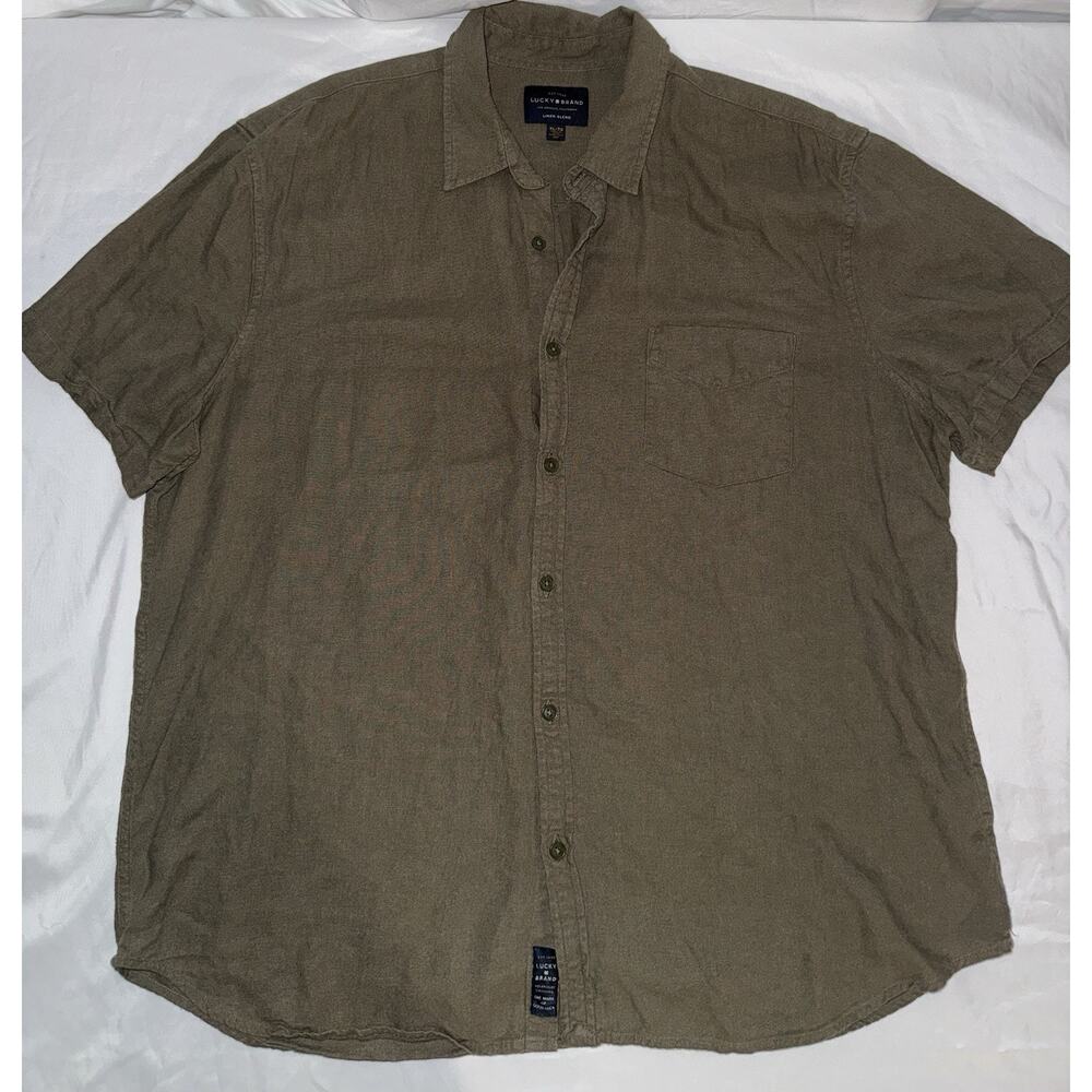 Lucky Brand Linen Blend Button Up Shirt Mens XL Tan Short Sleeve Casual Summer